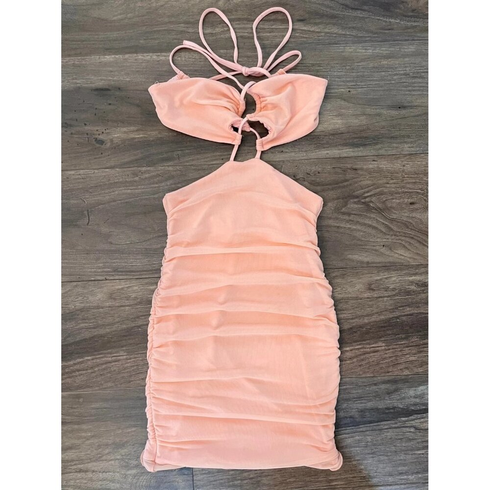 Oh Polly Peach Pink Ruched Mini Dress